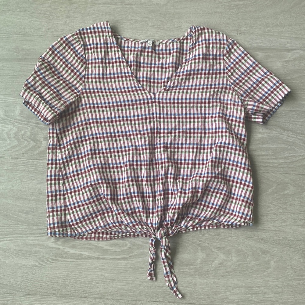 Madewell blouse with tie. Gingham plaid.